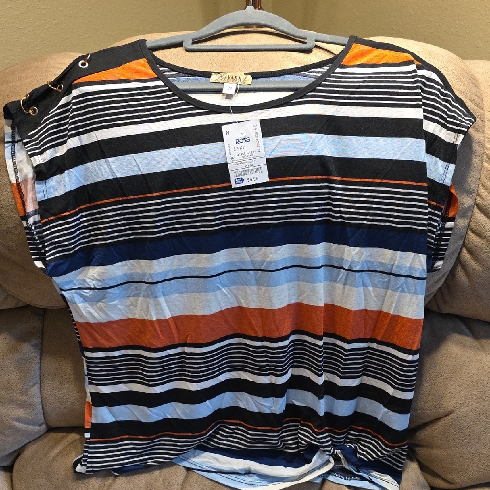 Lavish Multicolor Striped Top with Gold Ring Accent On Sleeve